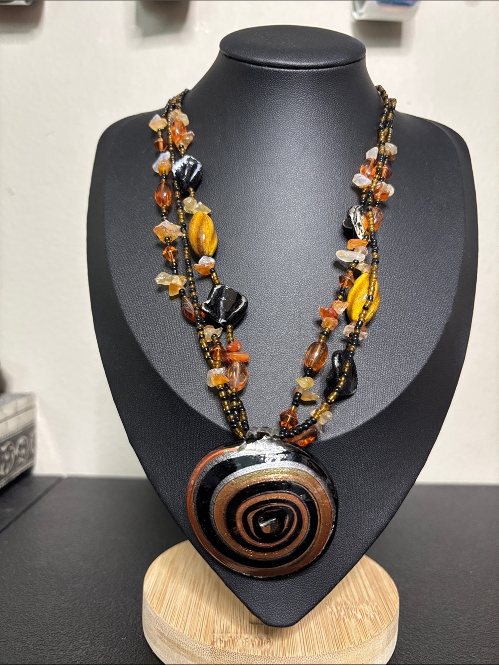 Handcrafted Black & Amber Dichroic Spiral Glass Pendant Multi-Strand Necklace
